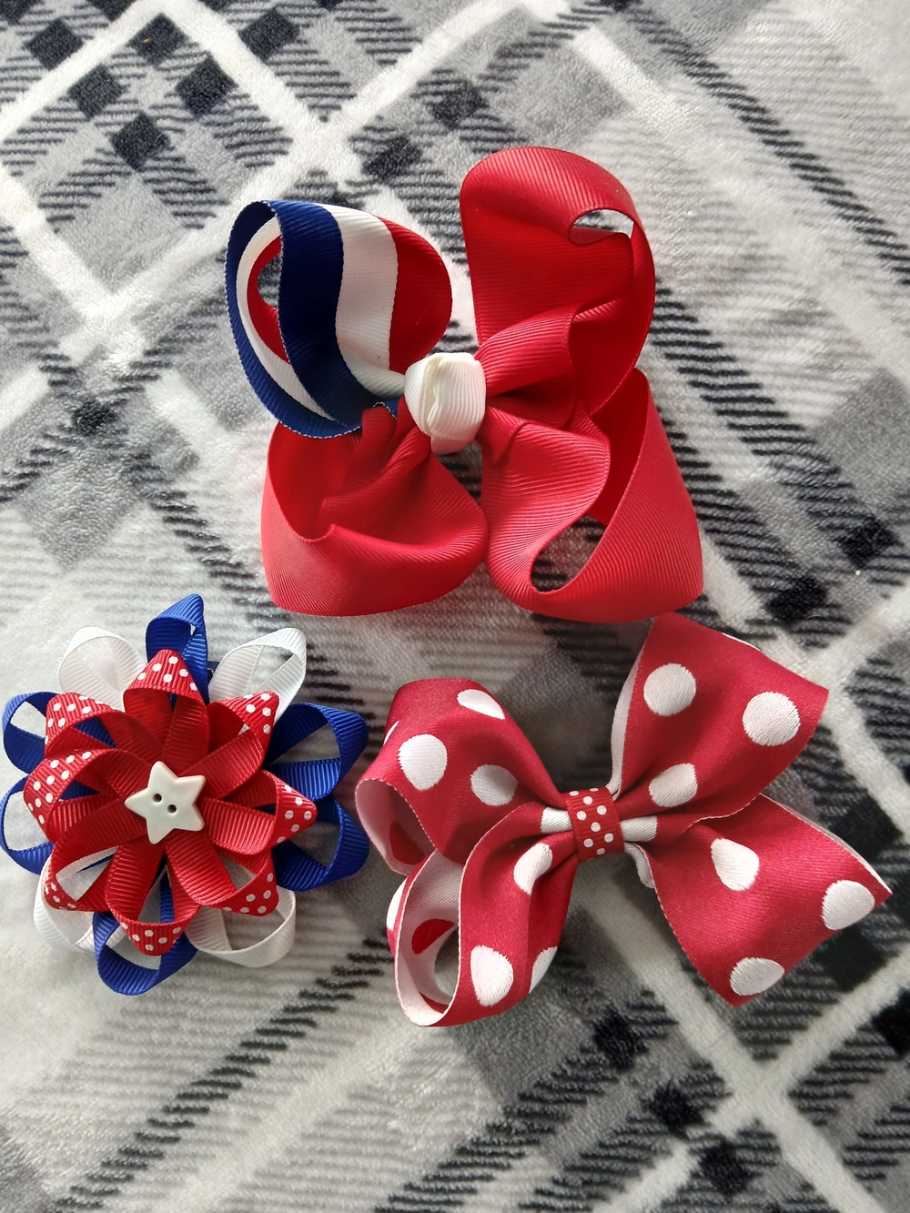 Red Polka Dot & Patriotic Ribbon Kids Hair Bow Set